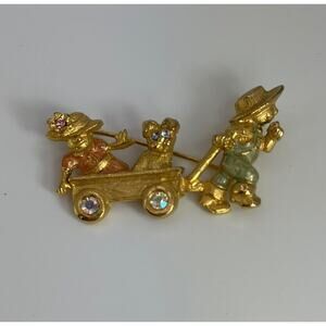 LIANNA Signed LIA Brooch Boy Pulling Wagon with Dog and Girl Gold Tone